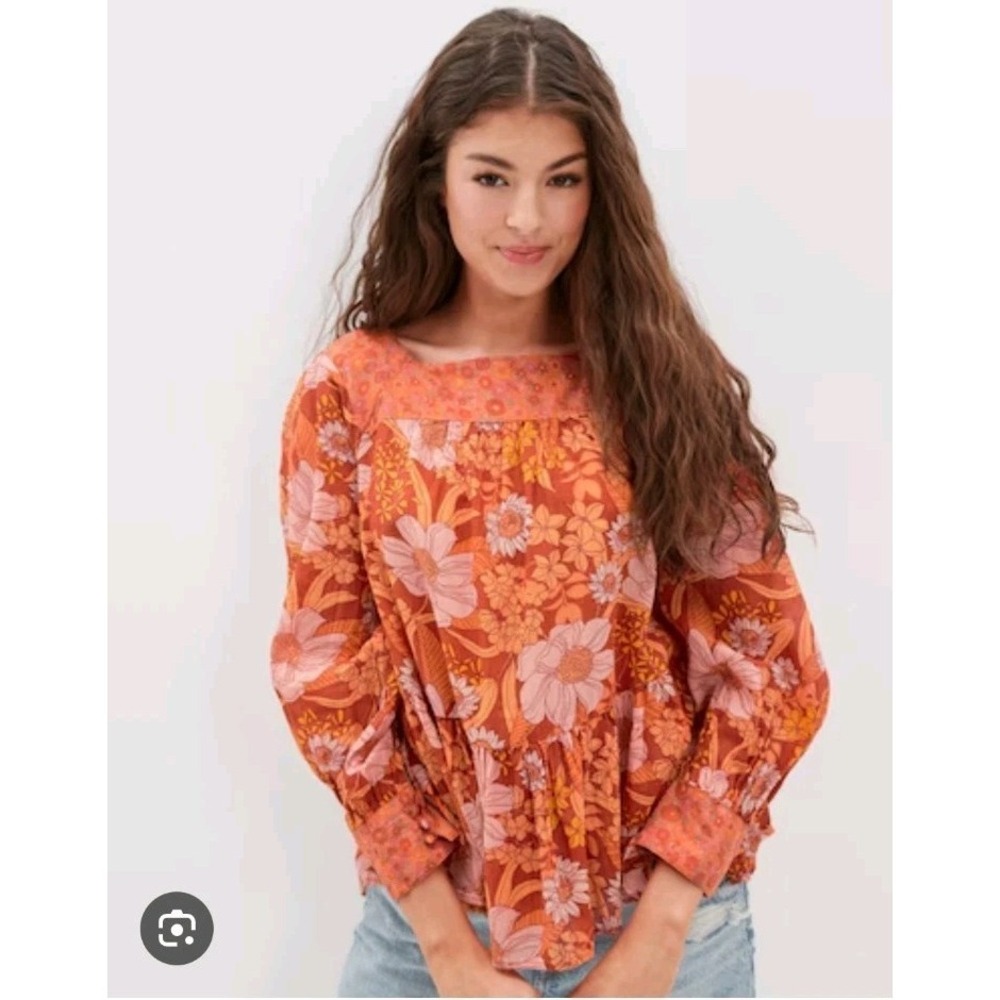 American Eagle Orange Floral Boho Groovy Square Neck Peasant Blouse Size XL